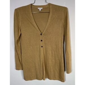 J Jill Linen Blend Long Sleeve Button Up V Neck Cardigan Sweater Peplum Back S